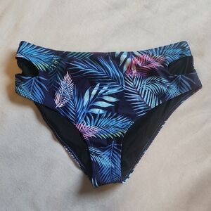 High-Waist Tropical Leaf Bikini Bottom in Navy and Teal With Side Cut-outs